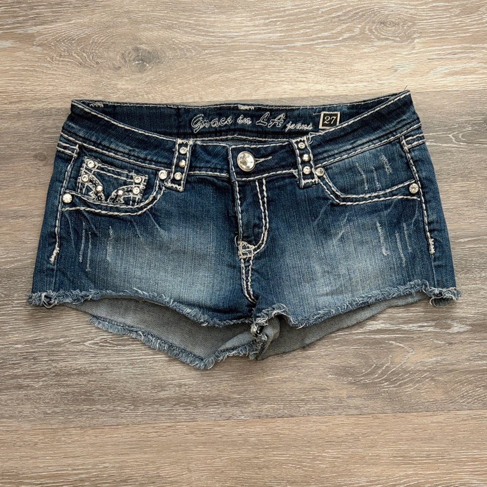 Grace in LA Distressed Dark Blue Denim Cutoff Shorts with Rhinestones